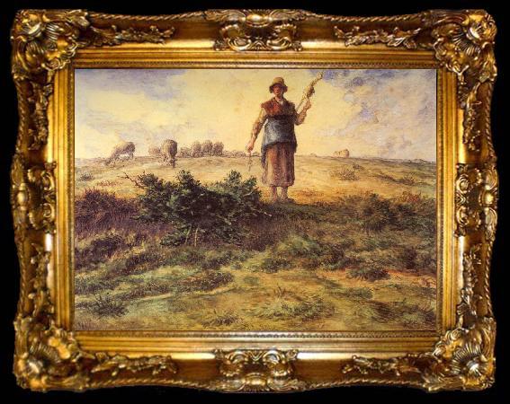 framed  Jean-Franc Millet A Shepherdess and her Flock Watercolour heightened with white, ta009-2
